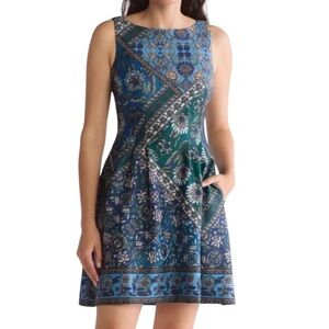Vince Camuto Floral Sleeveless Mini Fit & Flare Dress Blue & Green NWT 12